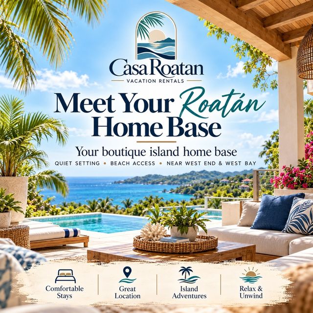 Sample square post: a branded vacation rental graphic reading Meet Your Roatán Home Base, with a terrace, pool and sea view